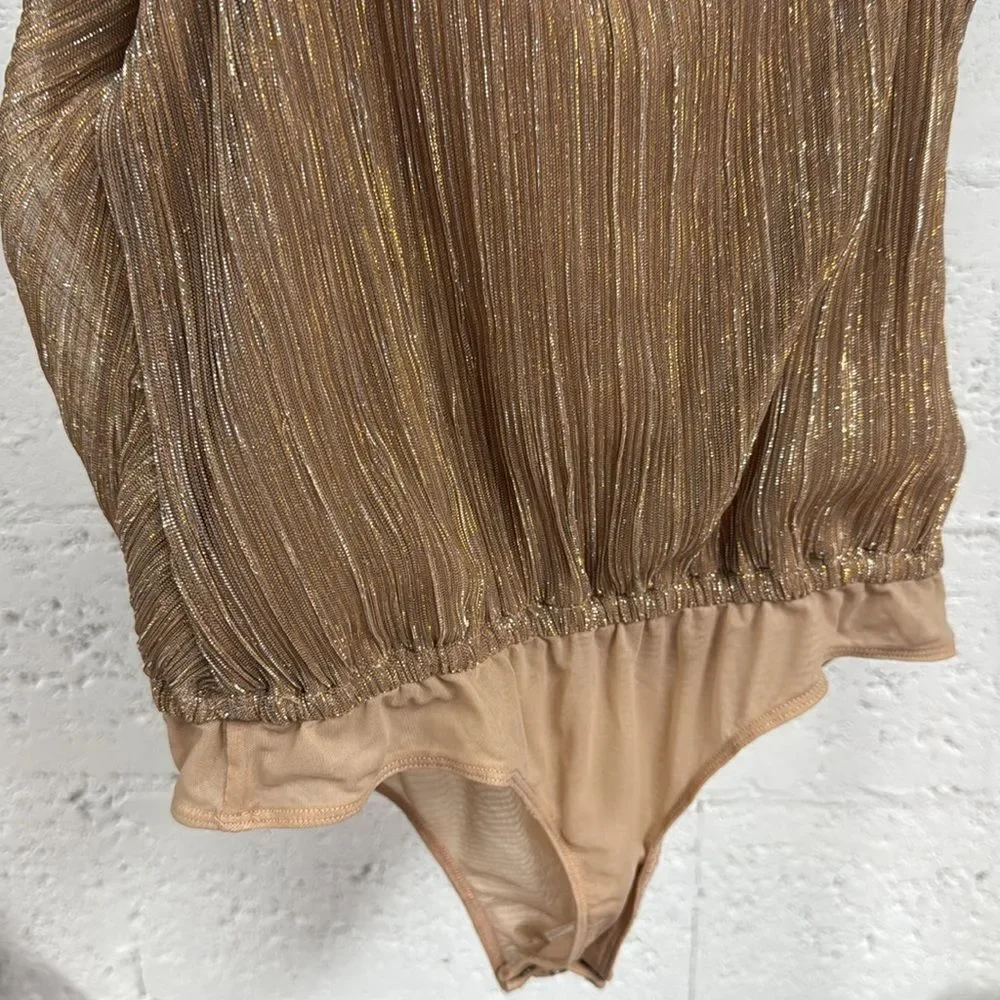 Elegant Brown Ruffled Gold TJD One Piece NWT - Size XS Body Suit in Blush